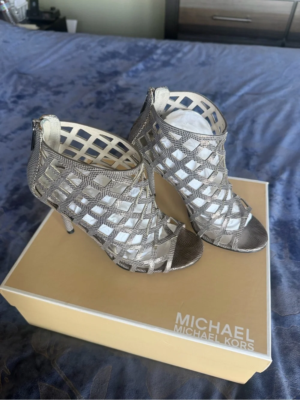 MICHAEL KORS Silver Metallic Cutout Stiletto Booties